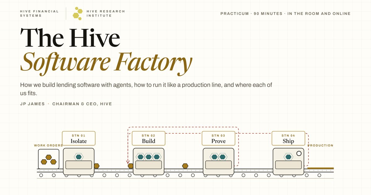Title sheet of The Hive Software Factory presentation: work orders on a conveyor moving through the Isolate, Build, Prove and Ship stations.